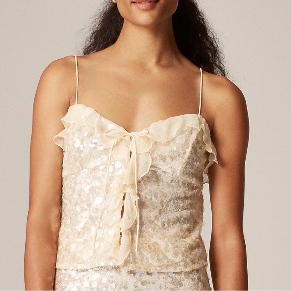 NEW J. CREW‎ Sequin ruffle-trim tank top Camisole in Candlelight Cream Size 6